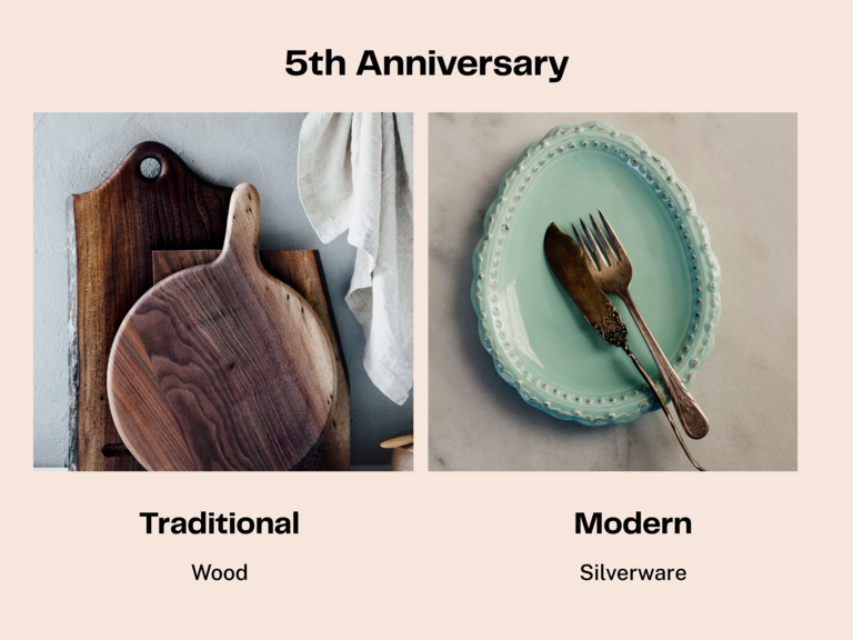 Fifth wedding anniversary traditional gift wood and modern gift silverware