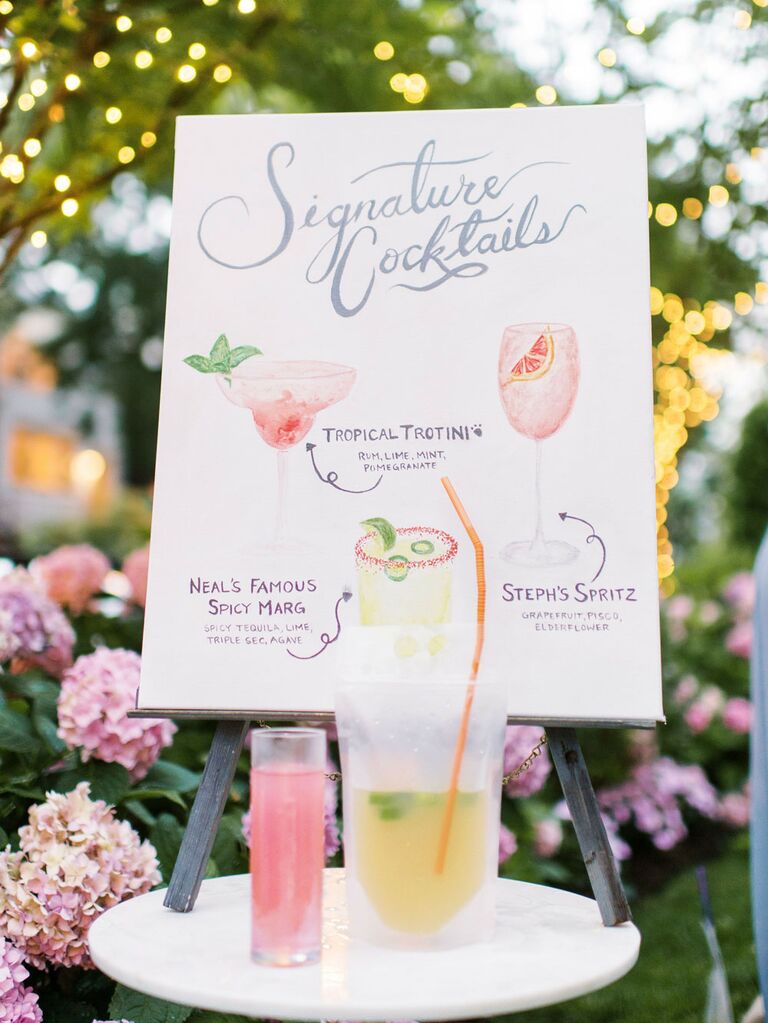 Elegant whimsical signage at backyard garden wedding