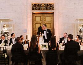 Wedding party wearing black and bride and groom's reception 