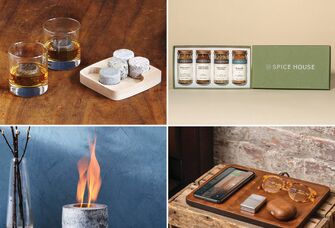 Collage of four gift ideas for father-in-law: whiskey set, spice set, charging tray, mini fire pit 