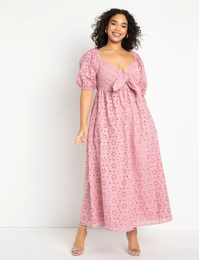 eyelet maxi dress with front tie and puff sleeves