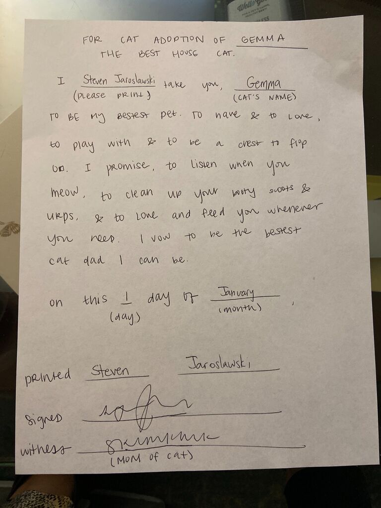 Steve signs adoption papers and promises to be the best cat dad to Gemma