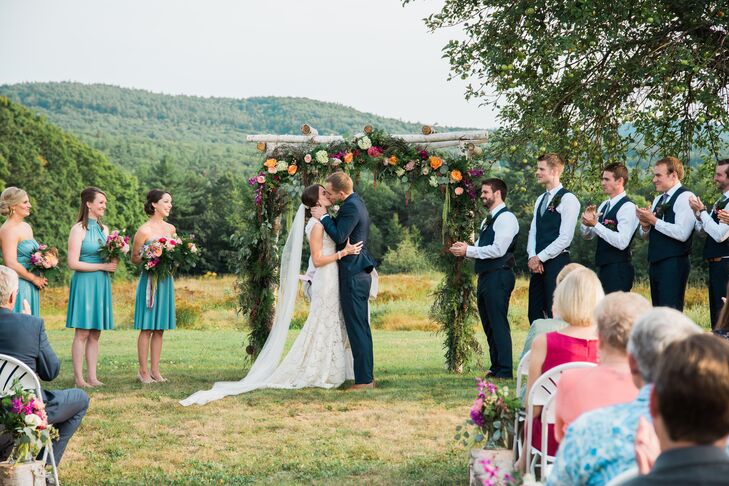 Outdoor Backyard Wedding Ceremony First Kiss