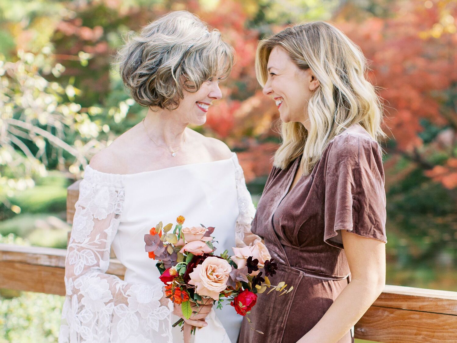 Bride mother and daughter of the bride before wedding ceremony.