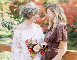 Bride mother and daughter of the bride before wedding ceremony.