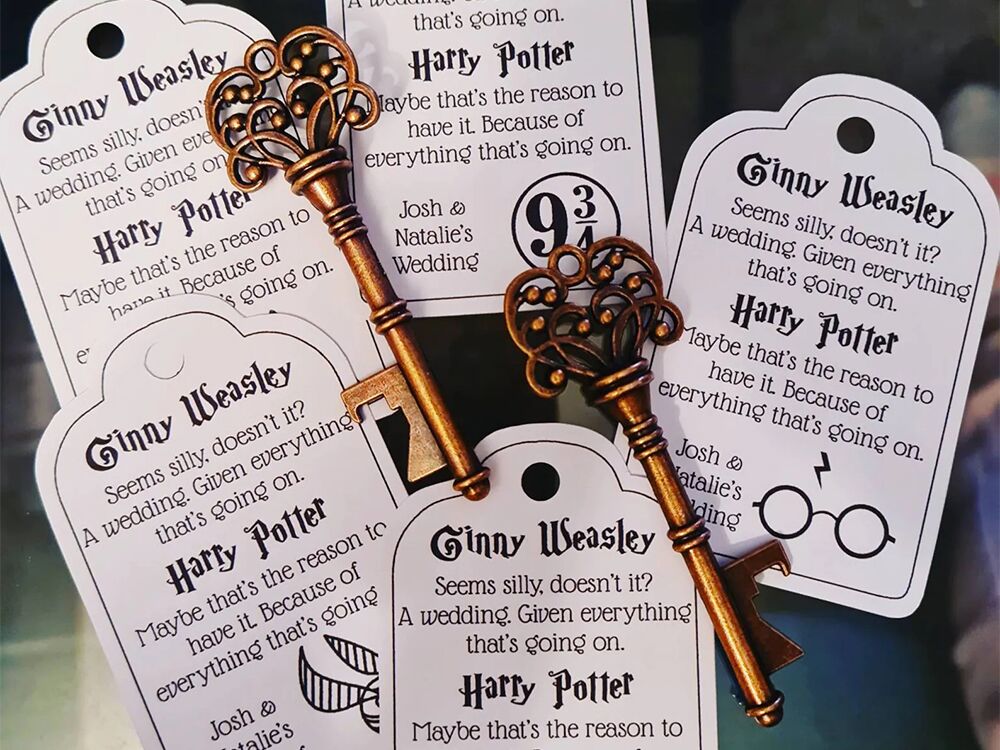 Rustic gold key with quote from Ginny Weasley that reads: Seems silly, doesn't it? A wedding. Given everything that's going on.