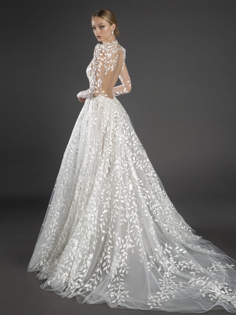 Long Sleeved High Neck Illusion Lace Sheath Wedding Dress With