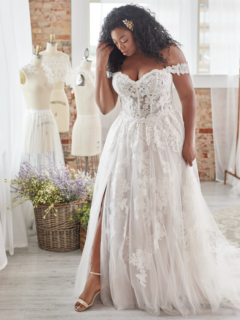 Lace A-line Wedding Dress With Front Slit And Off The Shoulder Sleeves
