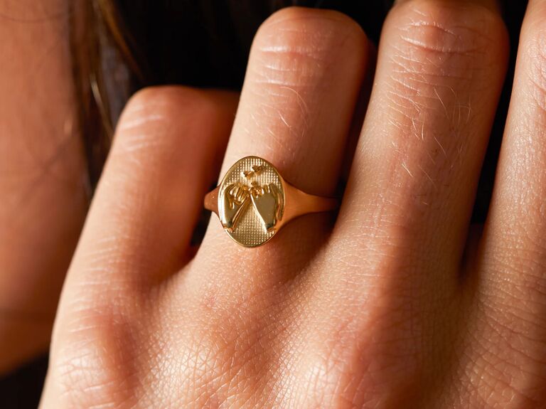 Gold signet ring with pink promise embossed gift for wife