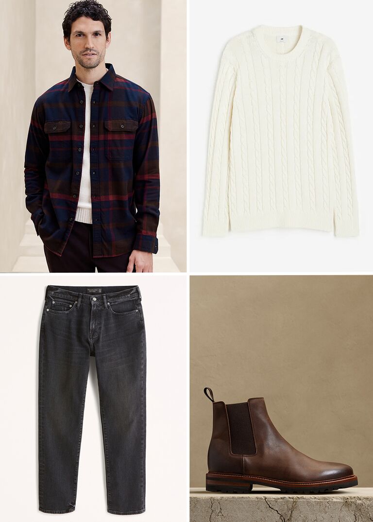 Casual winter engagement photo outfit: flannel shirt, white sweater, brown Chelsea boots, black jeans
