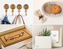 Four housewarming gifts for couples: "home" coat hooks, bread-warming set, succulent, custom doormat