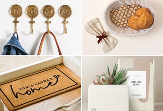 Four housewarming gifts for couples: "home" coat hooks, bread-warming set, succulent, custom doormat