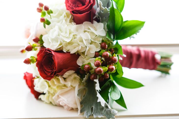 Bridesmaid Bouquets with Red Roses and White Hydrangeas