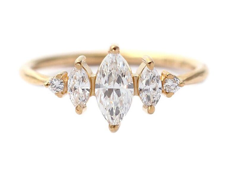 artemer art deco gold marquise diamond engagement ring with four stones and gold band