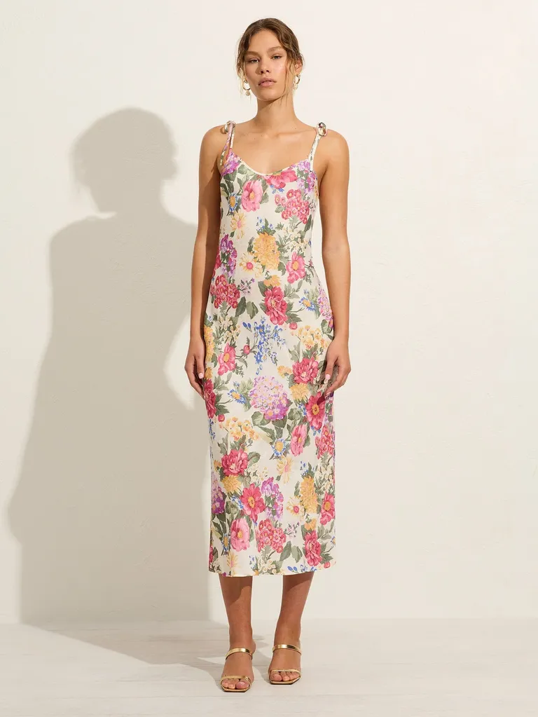 Pink floral midi cottagecore slip dress for wedding guests and bridesmaids