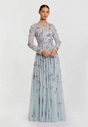 Mac Duggal
Floral appliqué mesh overlay; 100% polyester lining
Fully lined skirt; partially lined bodice; unlined sleeves
High illusion neckline
Sheer embellished long sleeves
Beaded waist
Features metallic paillettes with intentionally varied tone and texture for a unique, dimensional finish
Allover beading and appliqué detail
Concealed back zipper
Approx. 60" from top of shoulder to bottom hem
Available in Seafoam Multi
Style #6183