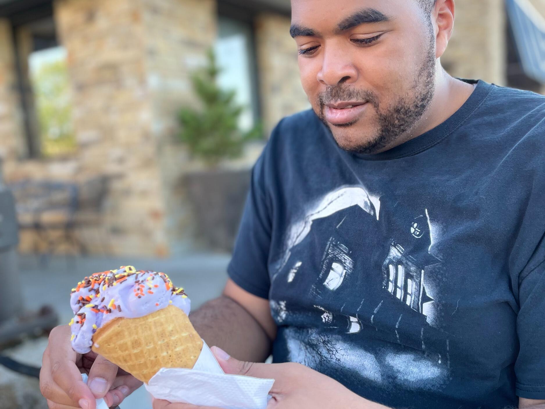 A trip to Silas and Maddie's Ice cream. Patrick eating Purple Unicorn Fluff ice cream with sprinkles. 