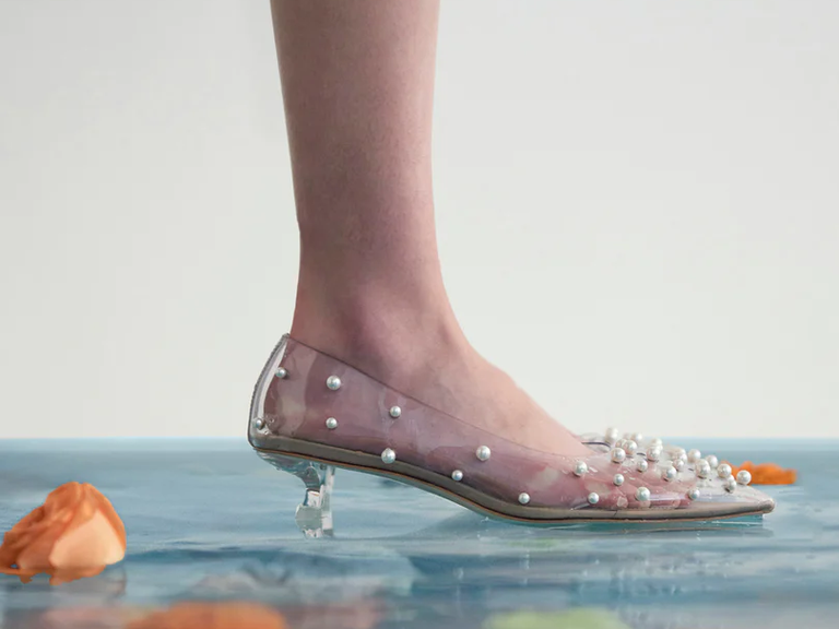 clear kitten heel adorned with pearls