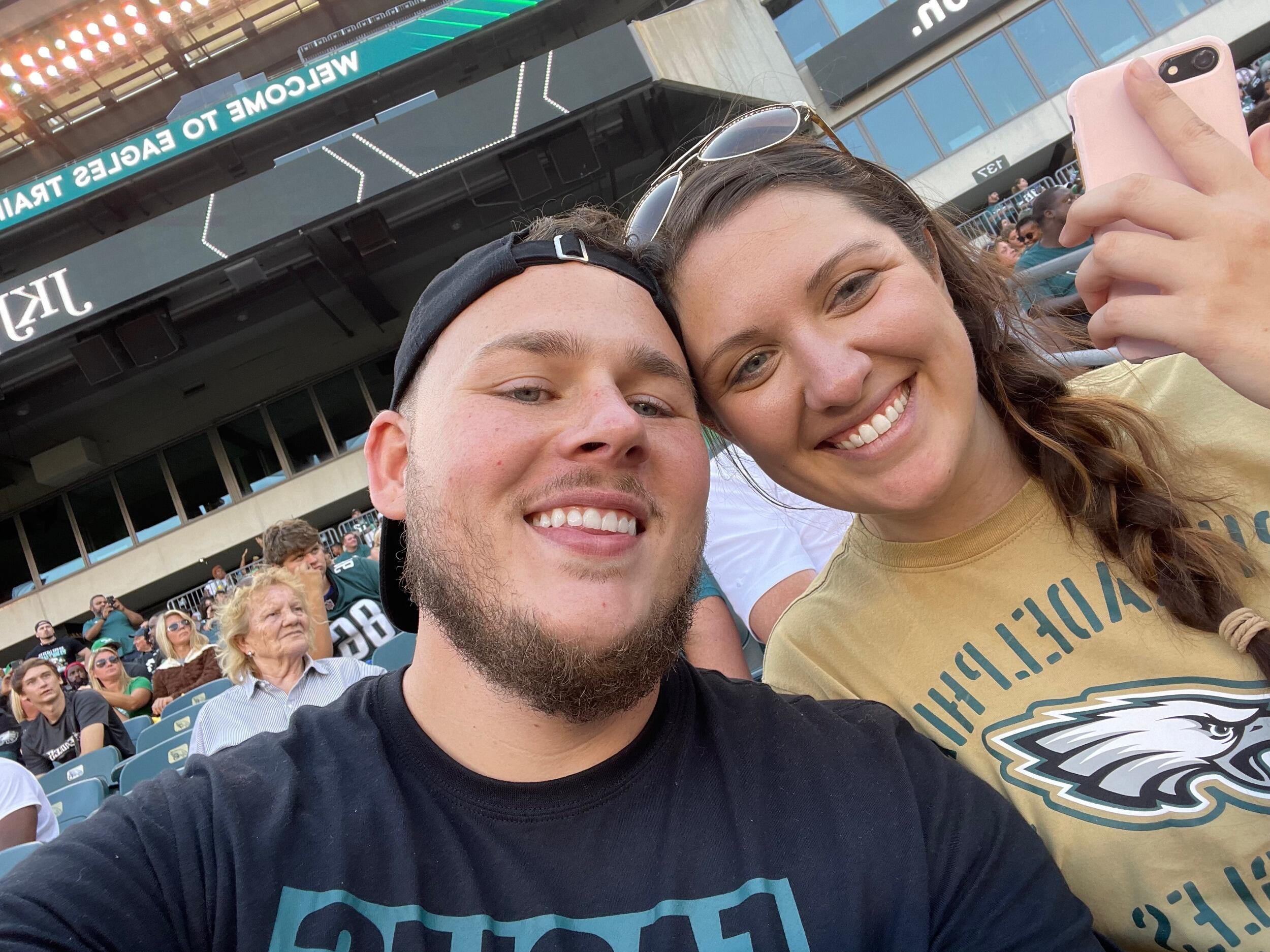 Our second date when Paige invited herself to join Dave at the Eagle's open practice so she could stare at Jason Kelce. 