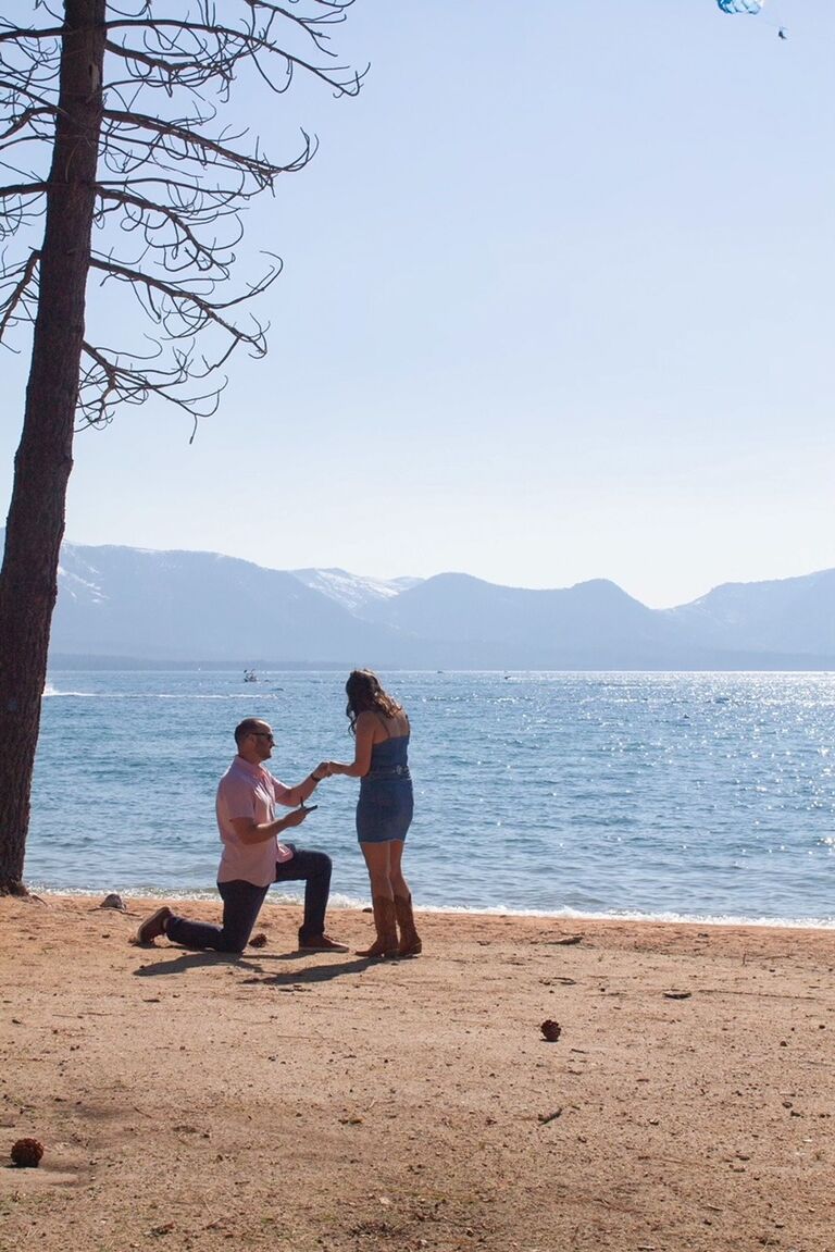 She said yes!...well, actually said said "HELL YES!" Jonathan and Megan planned to spend the weekend in South Lake Tahoe and see one of their favorite country artists, Old Dominion, in concert to celebrate their 5-year anniversary. On July 1st, almost exactly five years from their first date, Jonathan proposed on the beach at Edgewood Resort. Megan's happy tears started flowing immediately and she was in complete shock. Jonathan had hired a secret photographer to capture the moment. It was the perfect intimate setting and they both love looking back at the pictures and remembering how they felt in that moment. Jonathan and Megan enjoyed a delicious dinner and champagne at Edgewood and danced the night away at the Old Dominion concert. 