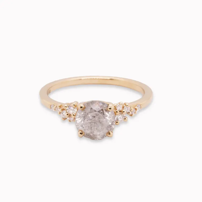Round salt and pepper diamond yellow gold engagement ring