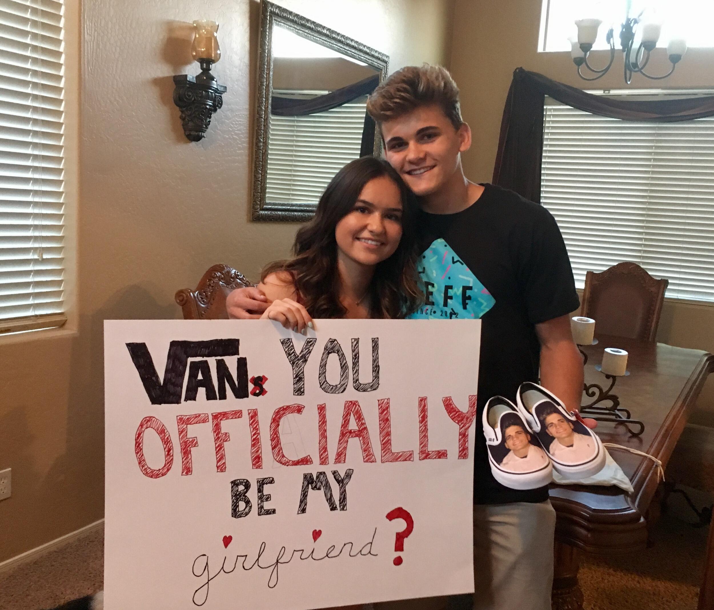 H: We "Officially" started dating! Romance isn't dead- and these Vans with Blaise's face on them are proof! We look like such babies here!!
_______________________________________________
B: I remember intentionally taking things slow, and we were in a talking stage for 3 months before I asked her to officially be my girlfriend. She was just very calm and cool to me, and I felt like I needed to match her energy. I think I saw somewhere that you can customize Vans with whatever you want, and I thought it'd be a funny way to ask Haley. Definitely bold, but I was confident she'd like it.
