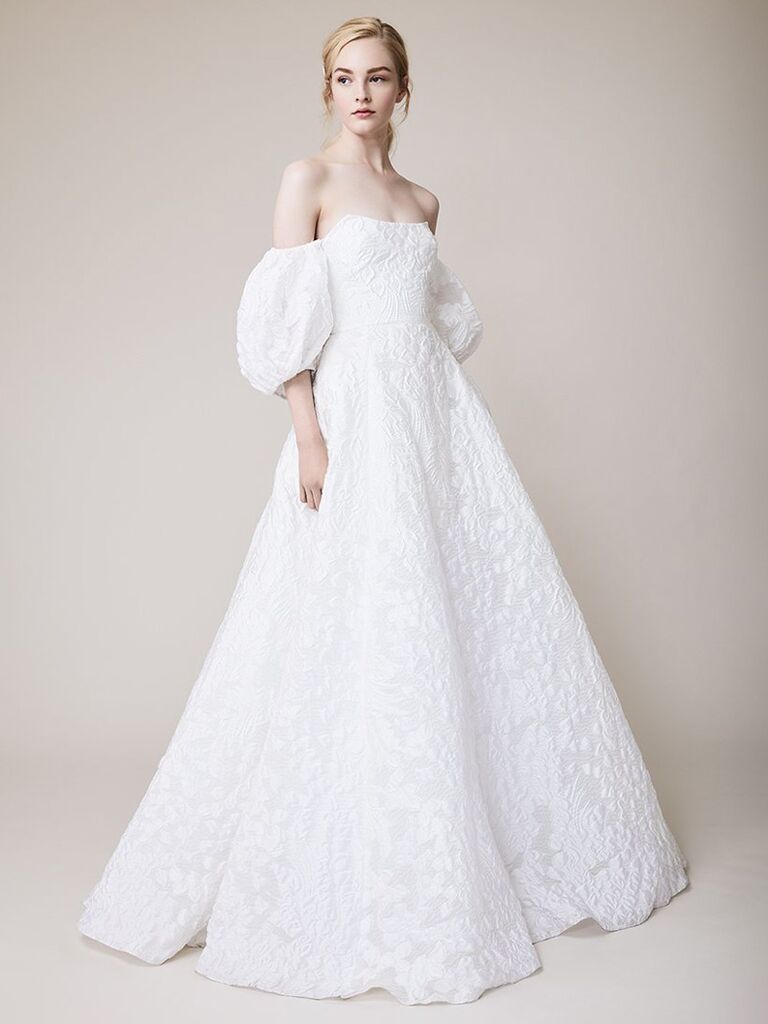 lela rose white off the shoulder wedding dress with detachable sleeves allover lace and pleated ball gown skirt