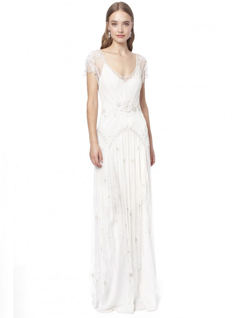 Slip dress with illusion cap sleeves and beading
