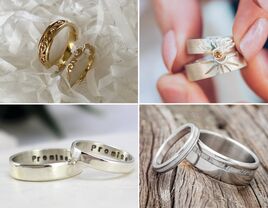 Collage of four matching promise ring sets for couples