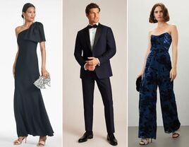 Collage of three black tie wedding guest outfits for men and women.