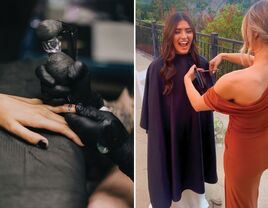 Collage of brides undergoing mid-day transformations, such as getting tattoos and chopping their hair. 