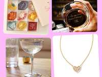 Four crystal anniversary gifts: crystal candies, engraved whiskey glass, crystal heart necklace, crystal coupe glass