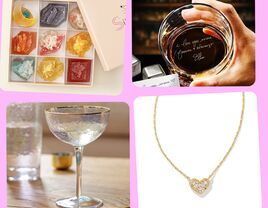Four crystal anniversary gifts: crystal candies, engraved whiskey glass, crystal heart necklace, crystal coupe glass