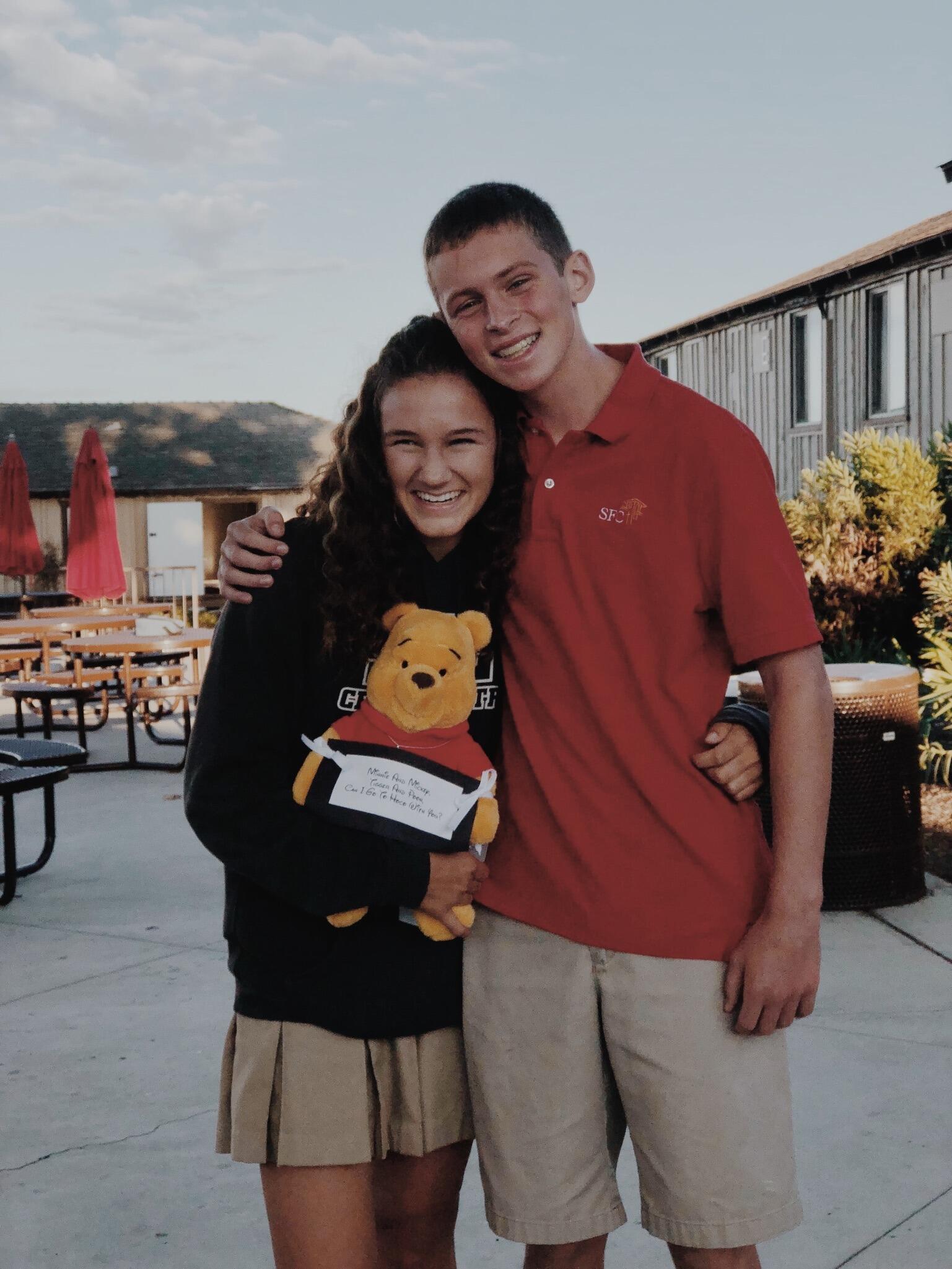 Brady and Amelia met in middle school and he asked her to the Freshman Homecoming dance. The same night he asked her to be his girlfriend!