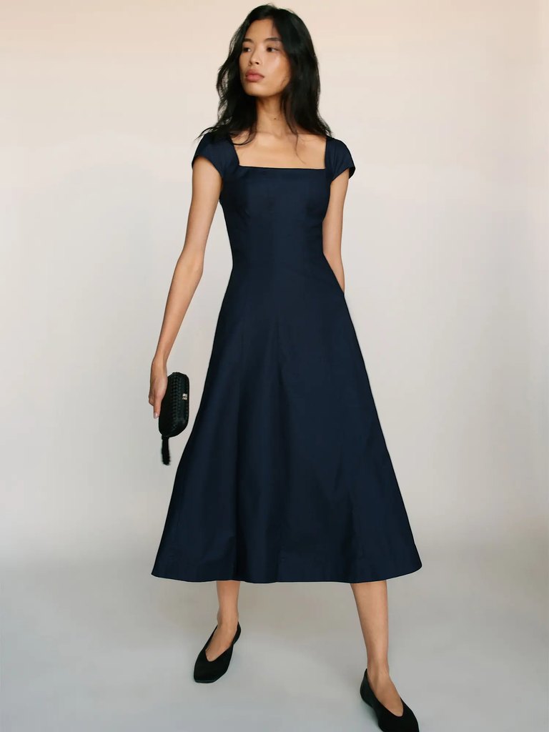 Navy cap sleeve midi dress outfits for rehearsal dinner guest from Reformation 