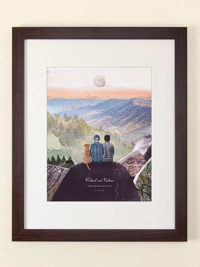 Custom illustration of son and new spouse at national park gift on wedding day from parents