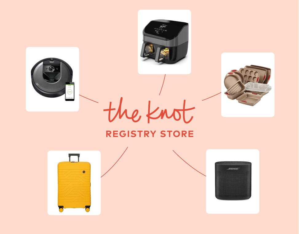 A graphic with “The Knot Registry Store” logo in the center surrounded by a smart vacuum, air fryer, set of baking pans, bluetooth speaker and a suitcase.