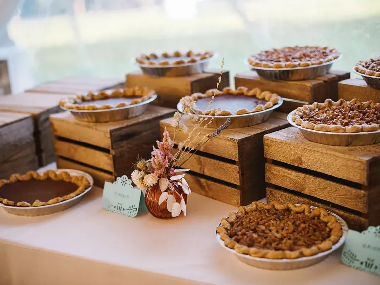 Pie dessert table, fall wedding photos