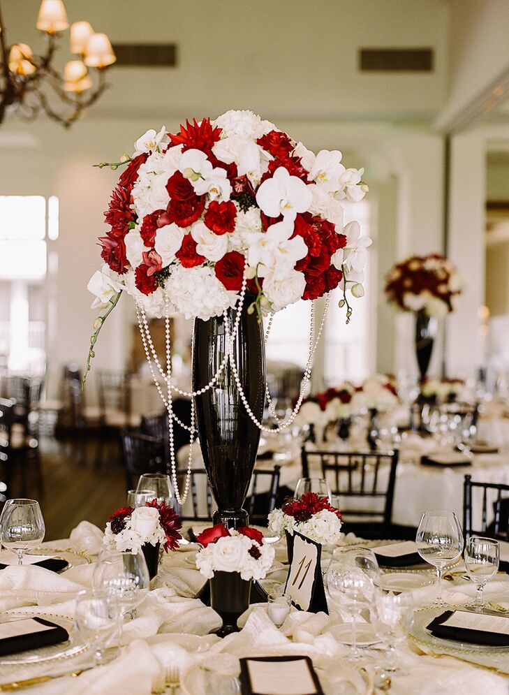 Ivory And Red Flower Centerpiece Black Vase