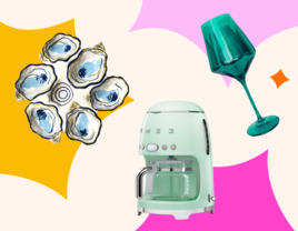 Wedding registry ideas including an oyster plate, a coffee machine and a wine glass