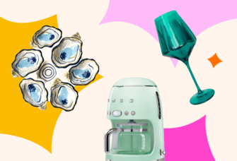 Wedding registry ideas including an oyster plate, a coffee machine and a wine glass