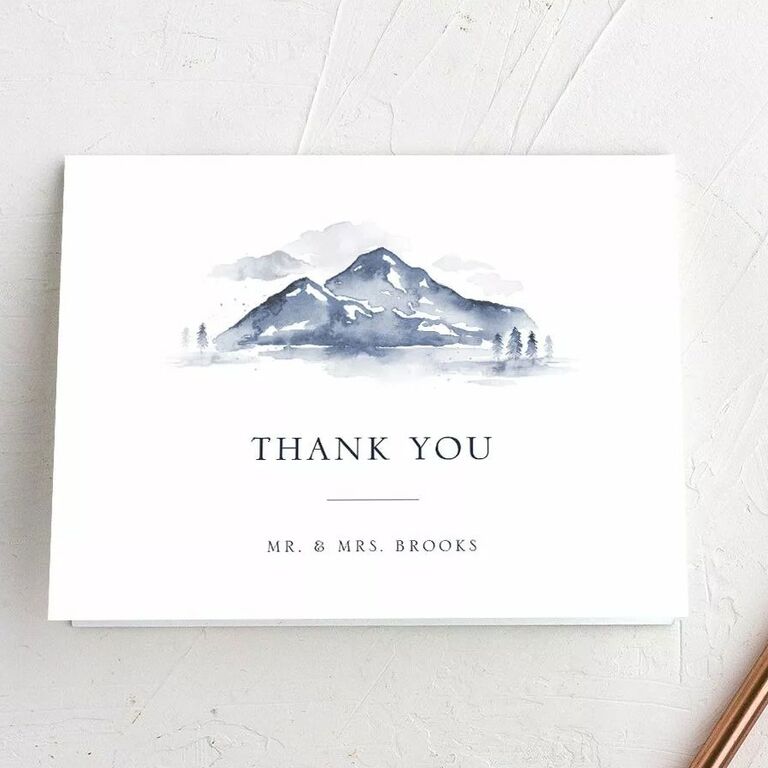 Mountain illustration wedding thank-you card from The Knot