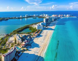 Aerial view looking north of the Hotel Zone and beaches of Cancún, Mexico