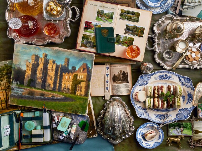 Ashford Castle collage of tea sandwiches tea time cocktails and a castle painting
