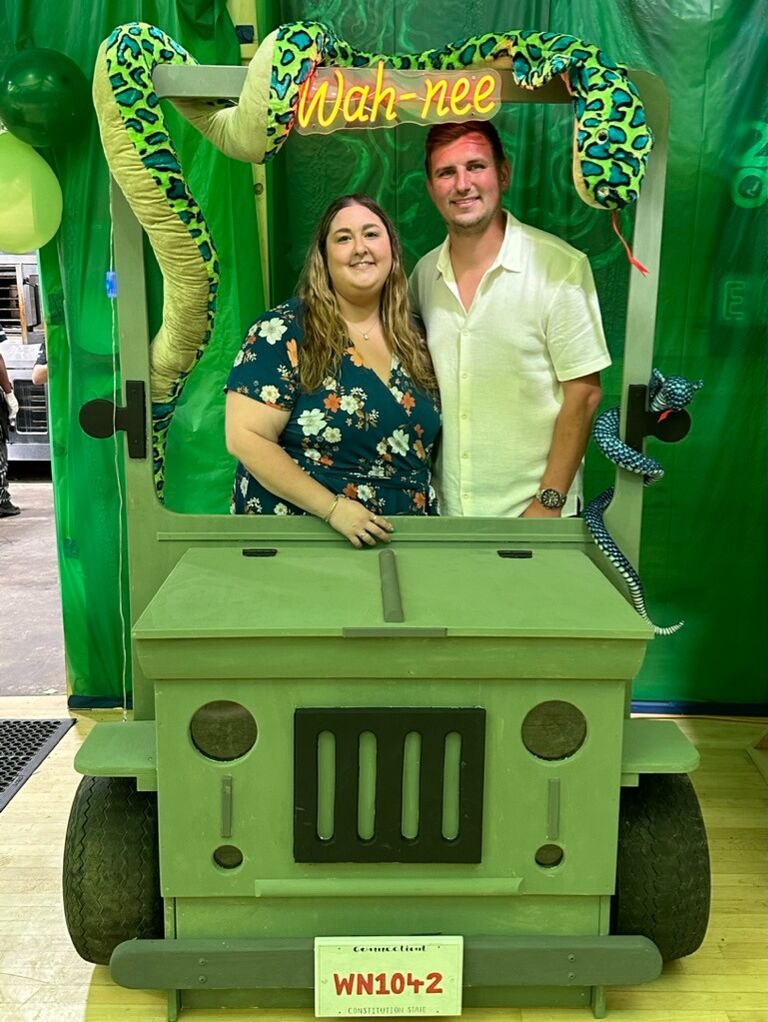 Our most recent summer together, taking a photo almost exactly 5 years after our first camp banquet photo in 2018 :) 