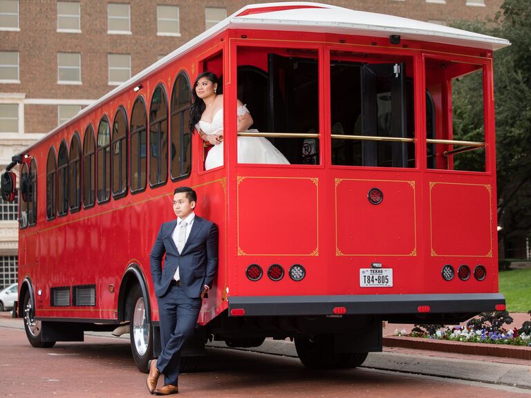Couple in a vintage red trolley