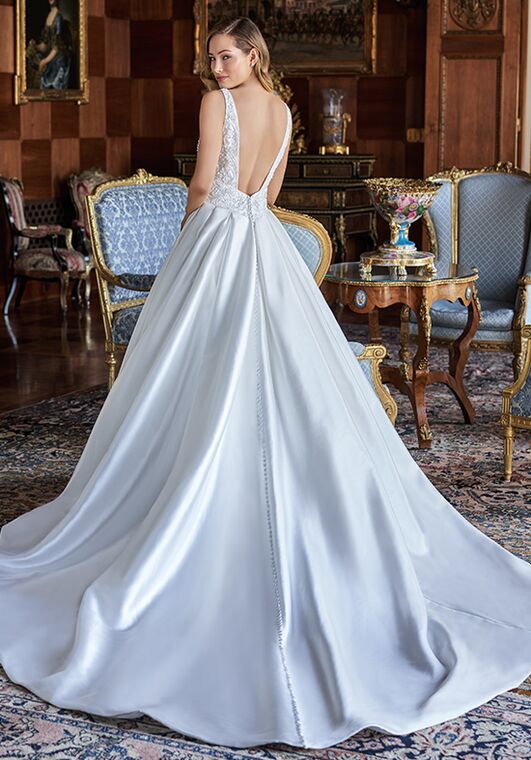 open lace back dress AZURA satin bardot box pleats Ivory, Red, Black, Pink & Blue – Reflections  Bridal Studio main image 0