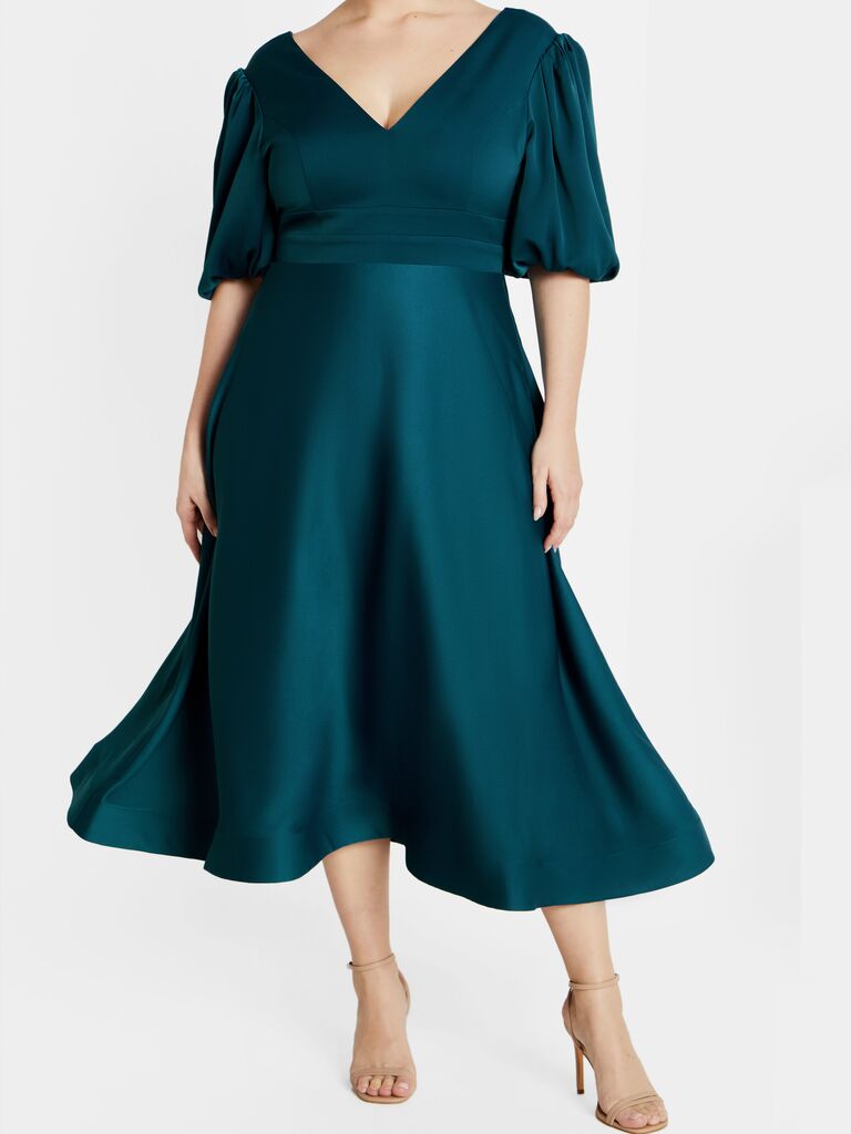 Blue satin dress with balloon sleeves