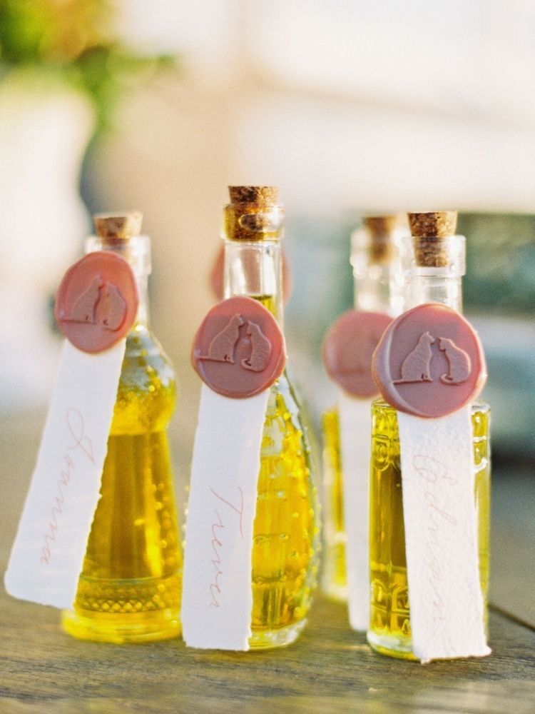 olive oil wedding favors with cat wax seals