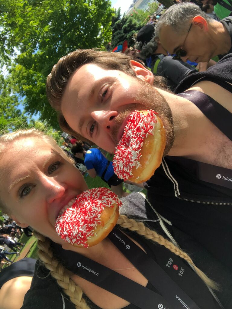 Feasting on donuts after the Lululemon 10k.